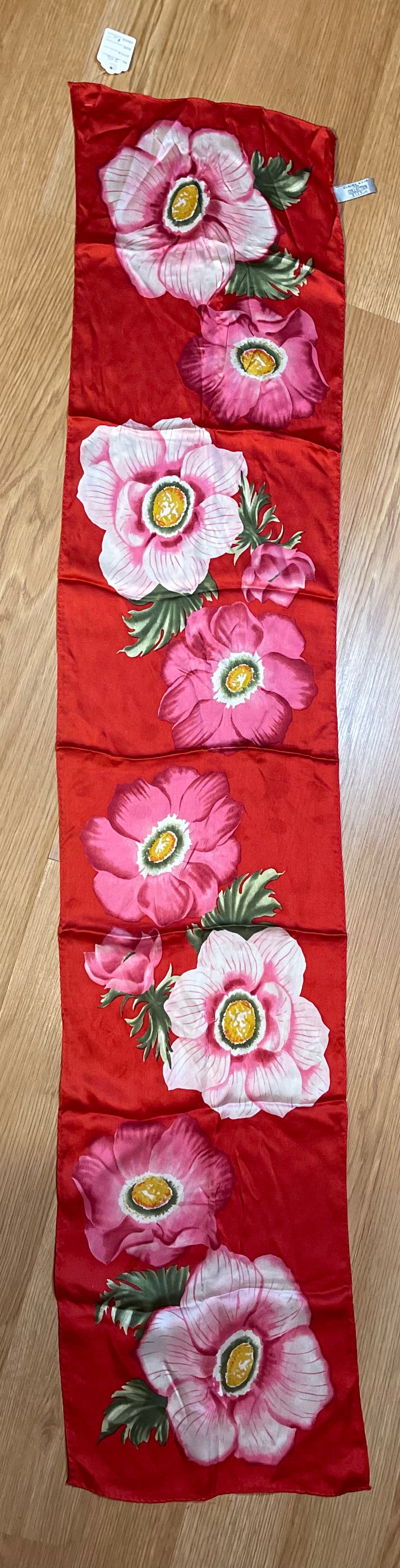 Vintage Elaine Gold Oblong Red and Pink Floral Silk Scarf
