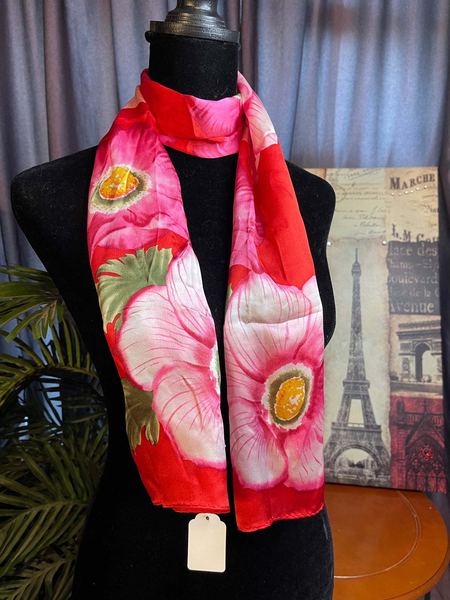 Vintage Elaine Gold Oblong Red and Pink Floral Silk Scarf