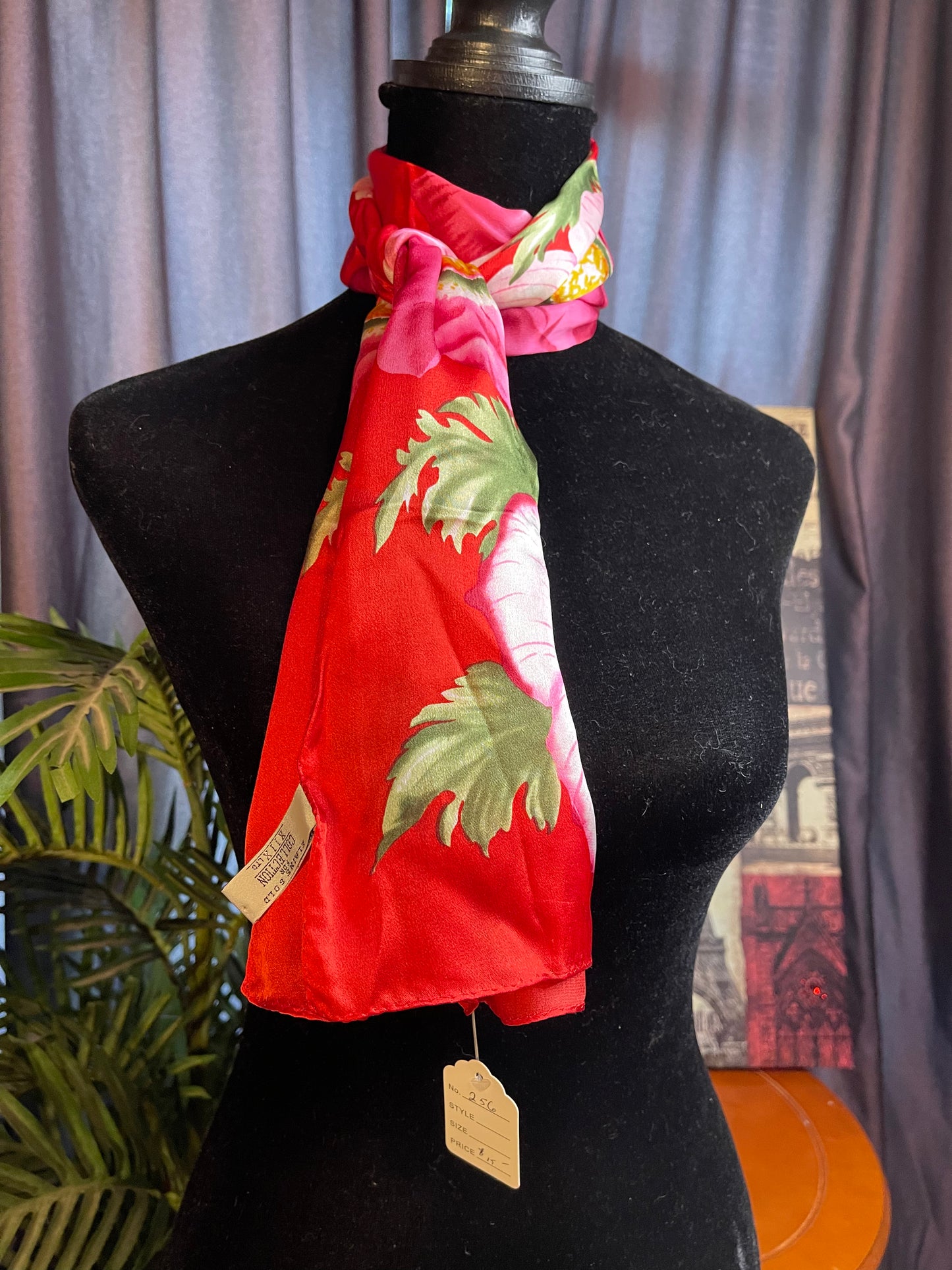Vintage Elaine Gold Oblong Red and Pink Floral Silk Scarf
