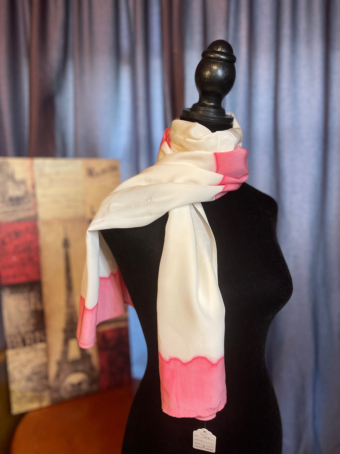 Designer, Vintage Tricky Threads Pink and whilte oblong silk scarf