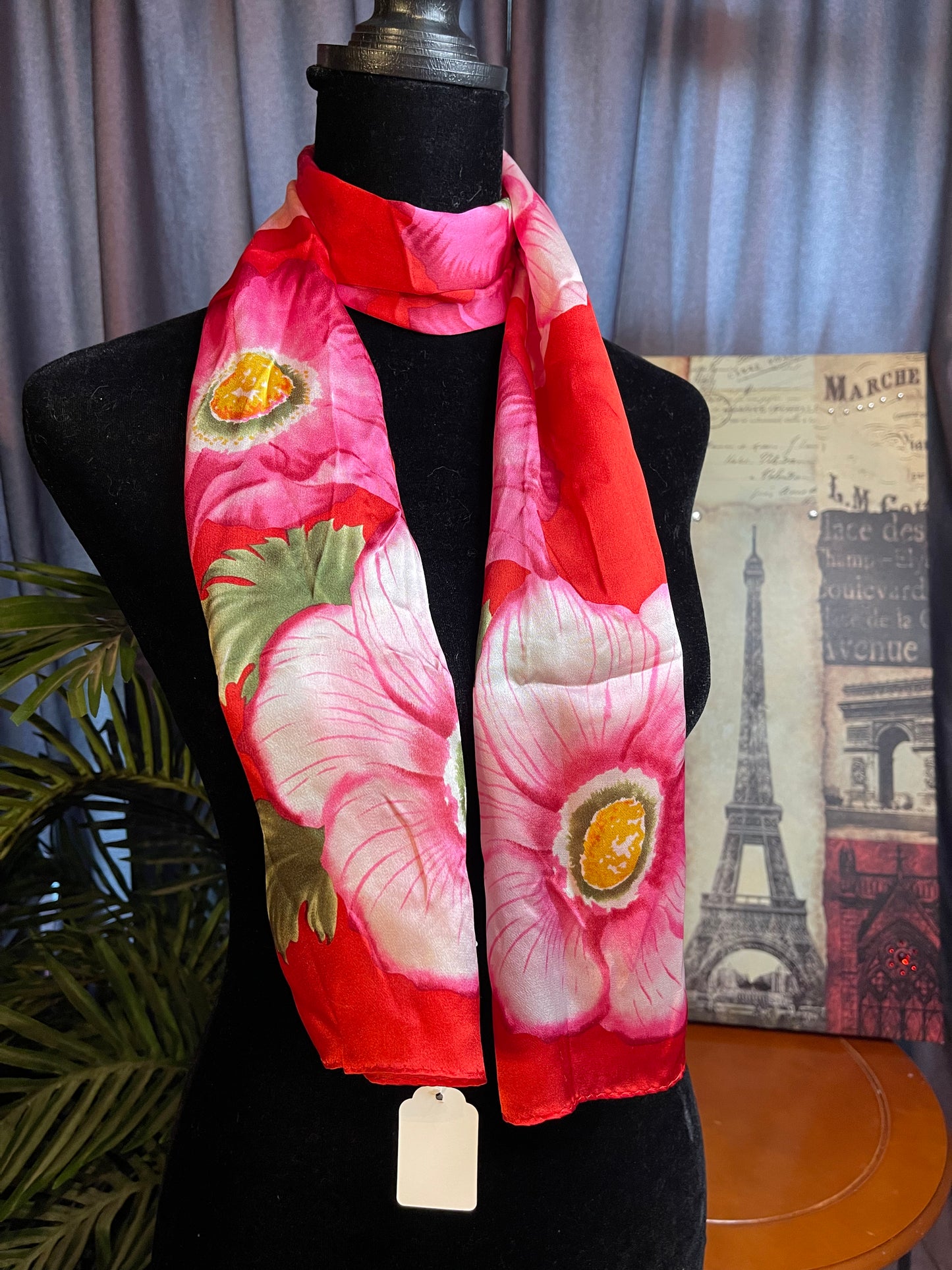 Vintage Elaine Gold  Oblong Red and Pink Floral Silk Scarf