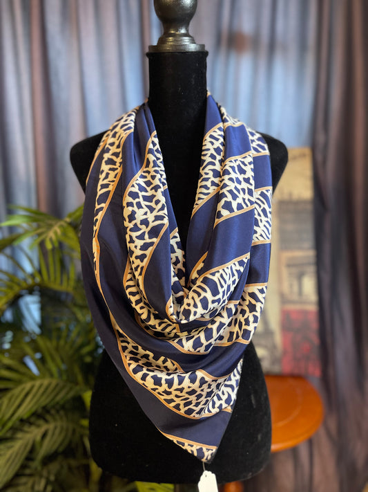 Vintage Square Navy Blue Stripped Animal print Silk Scarf