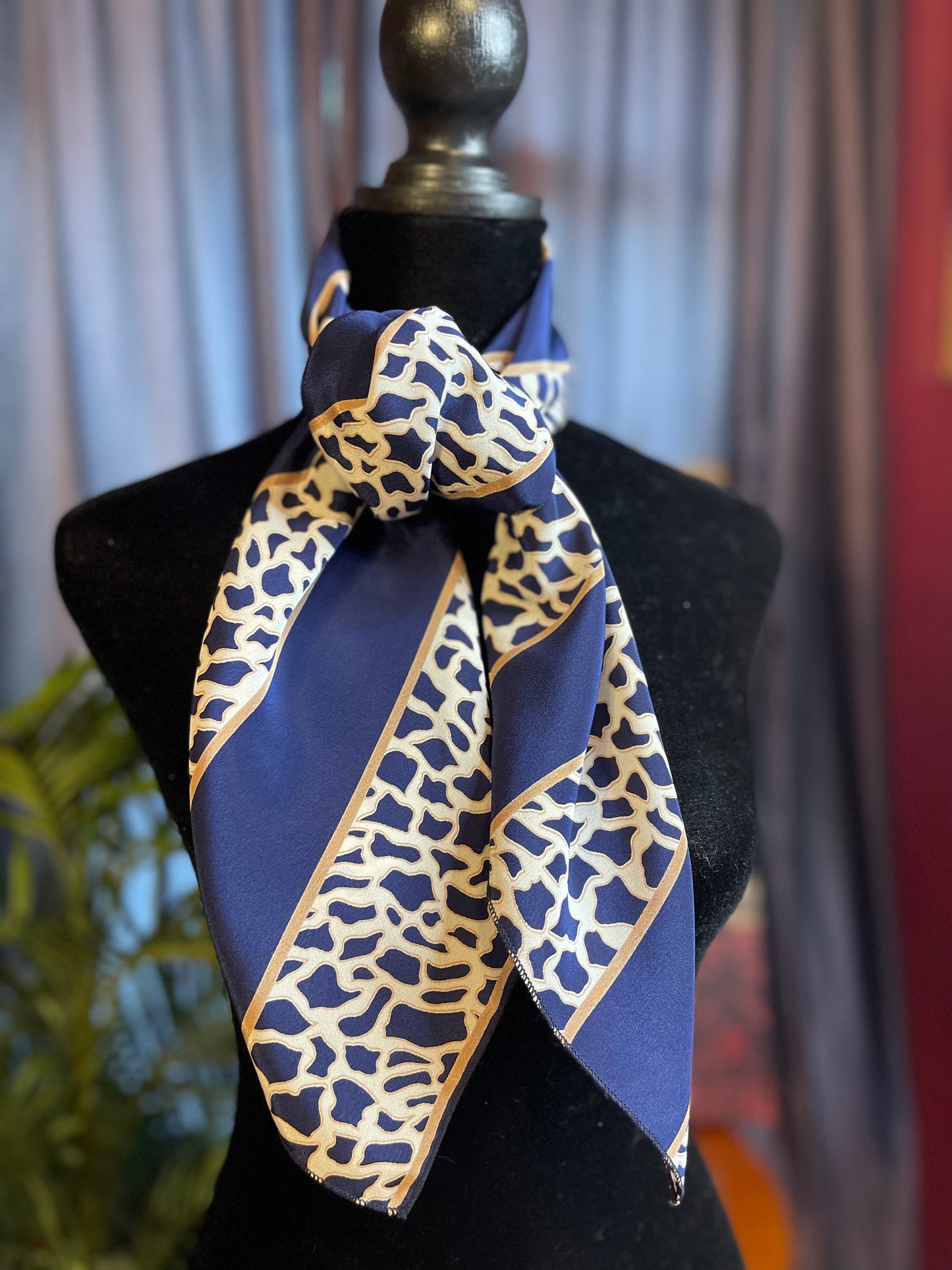 Vintage Square Navy Blue Stripped Animal print Silk Scarf