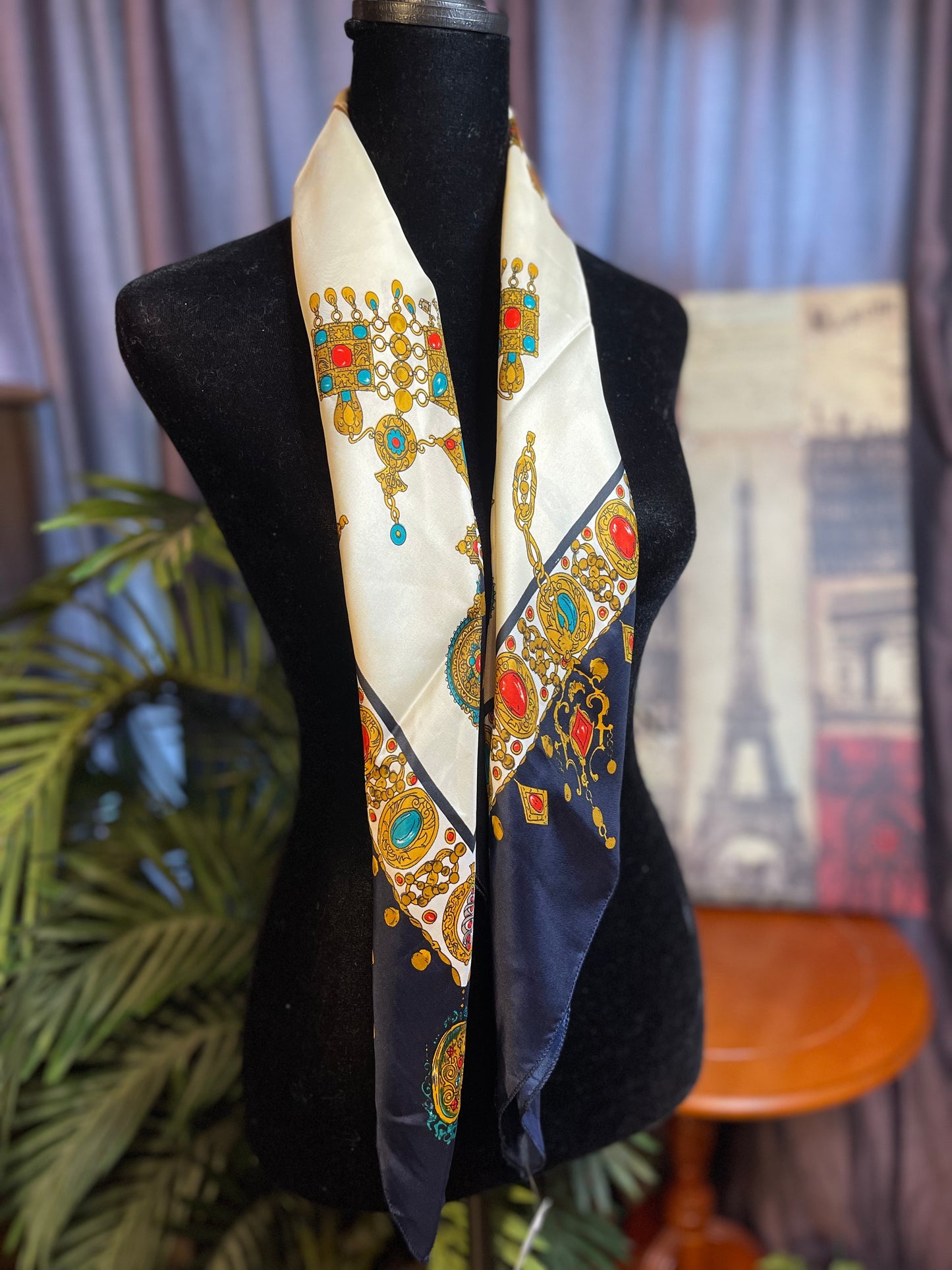 Vintage Silk Scarf Navy Blue with gold chains, tassels and jewels