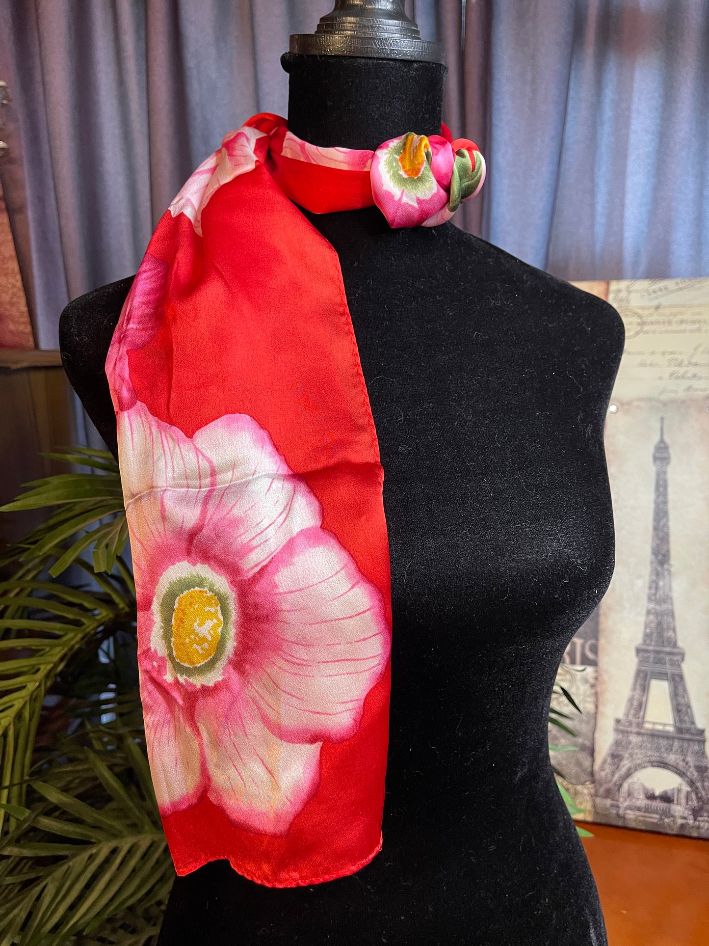 Vintage Elaine Gold  Oblong Red and Pink Floral Silk Scarf