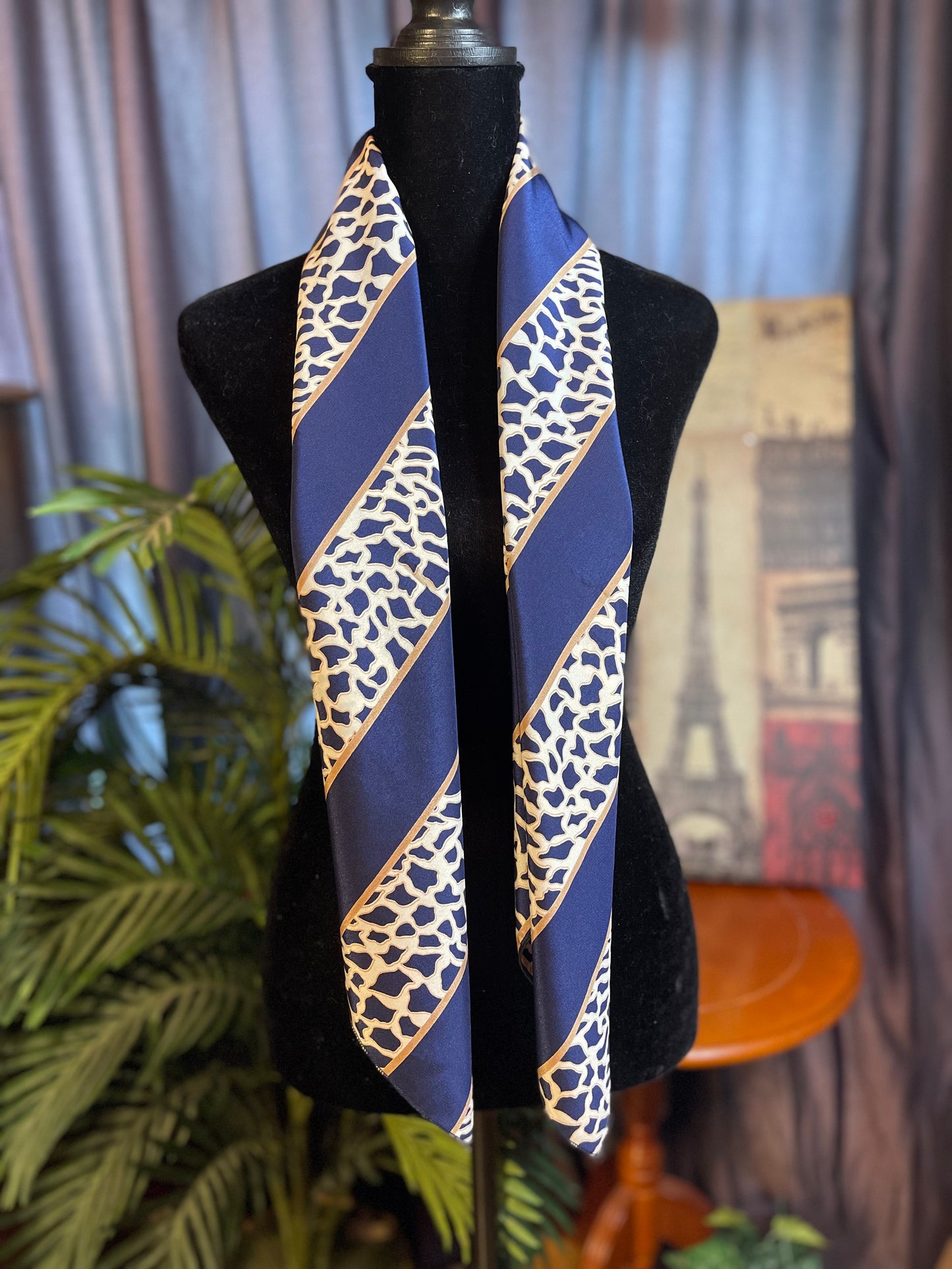 Vintage Square Navy Blue Stripped Animal print Silk Scarf