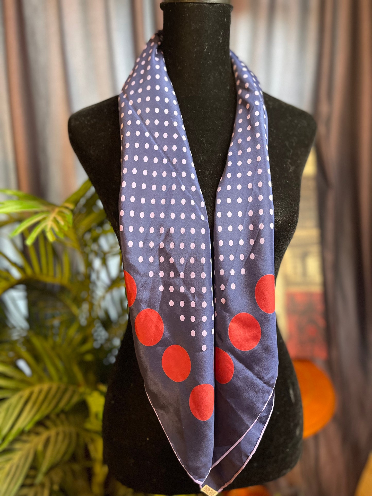 vintage 100% silk Navy blue with lavender and maroon polka dots.