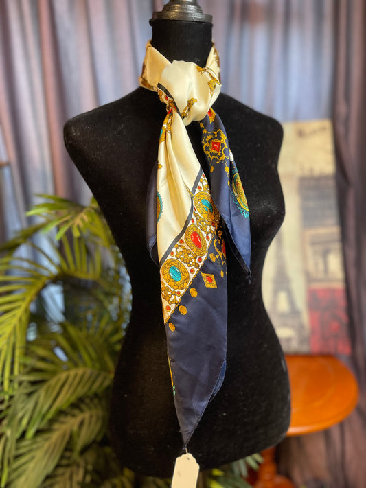 Vintage Silk Scarf Navy Blue with gold chains, tassels and jewels