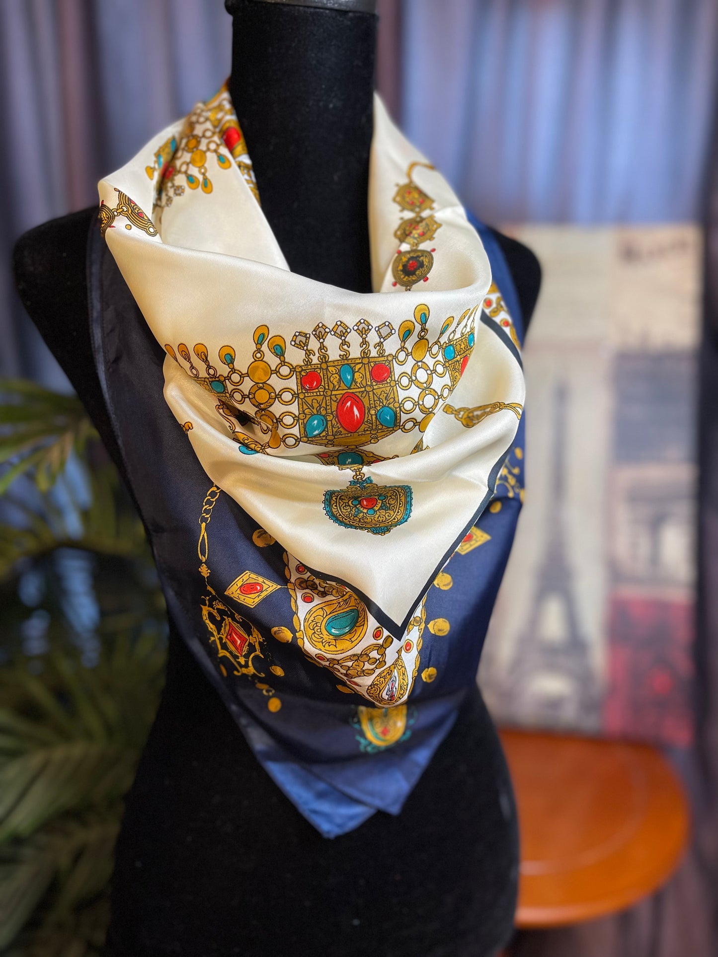 Vintage Silk Scarf Navy Blue with gold chains, tassels and jewels