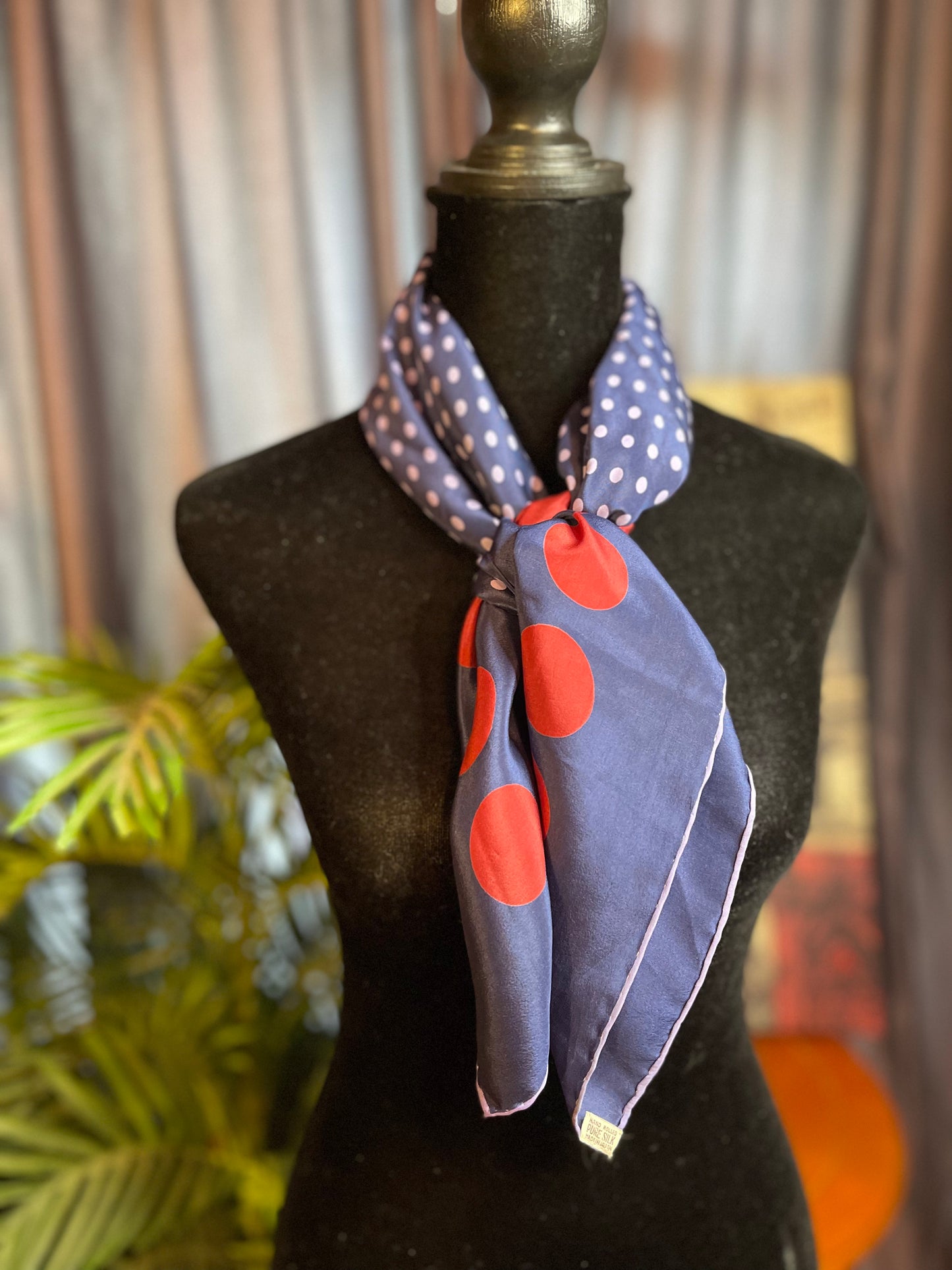 vintage 100% silk Navy blue with lavender and maroon polka dots.