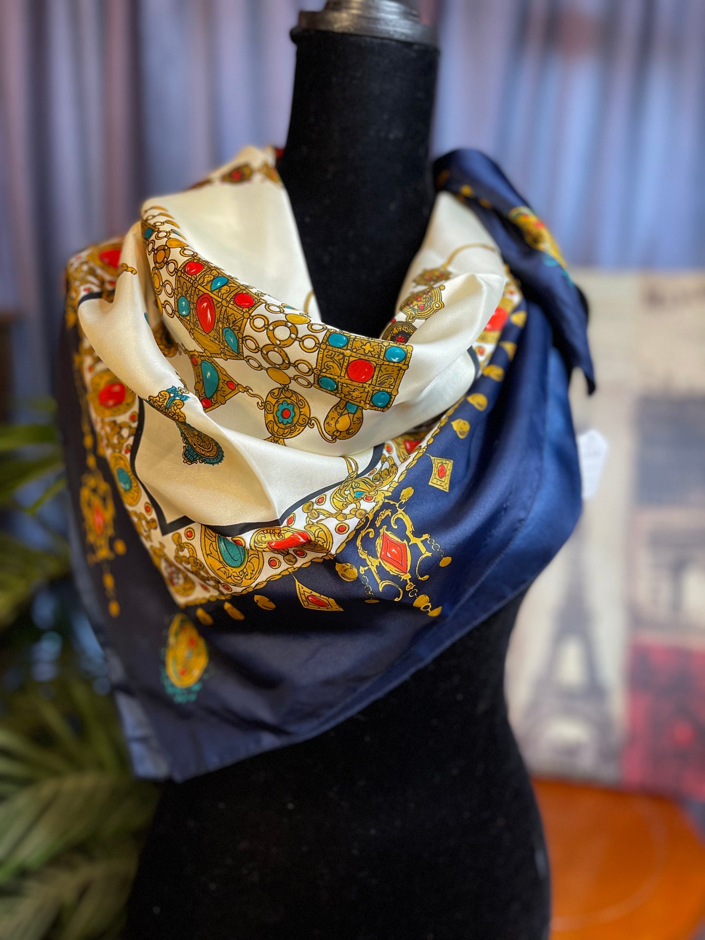 Vintage Silk Scarf Navy Blue with gold chains, tassels and jewels