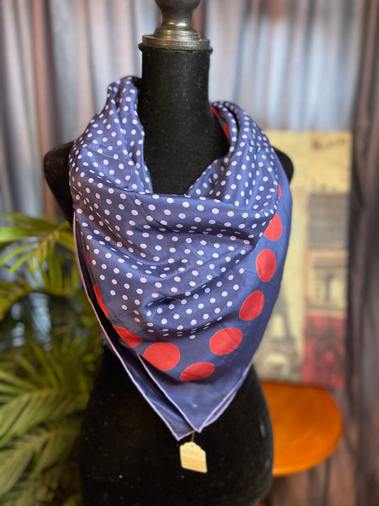 vintage 100% silk Navy blue with lavender and maroon polka dots.