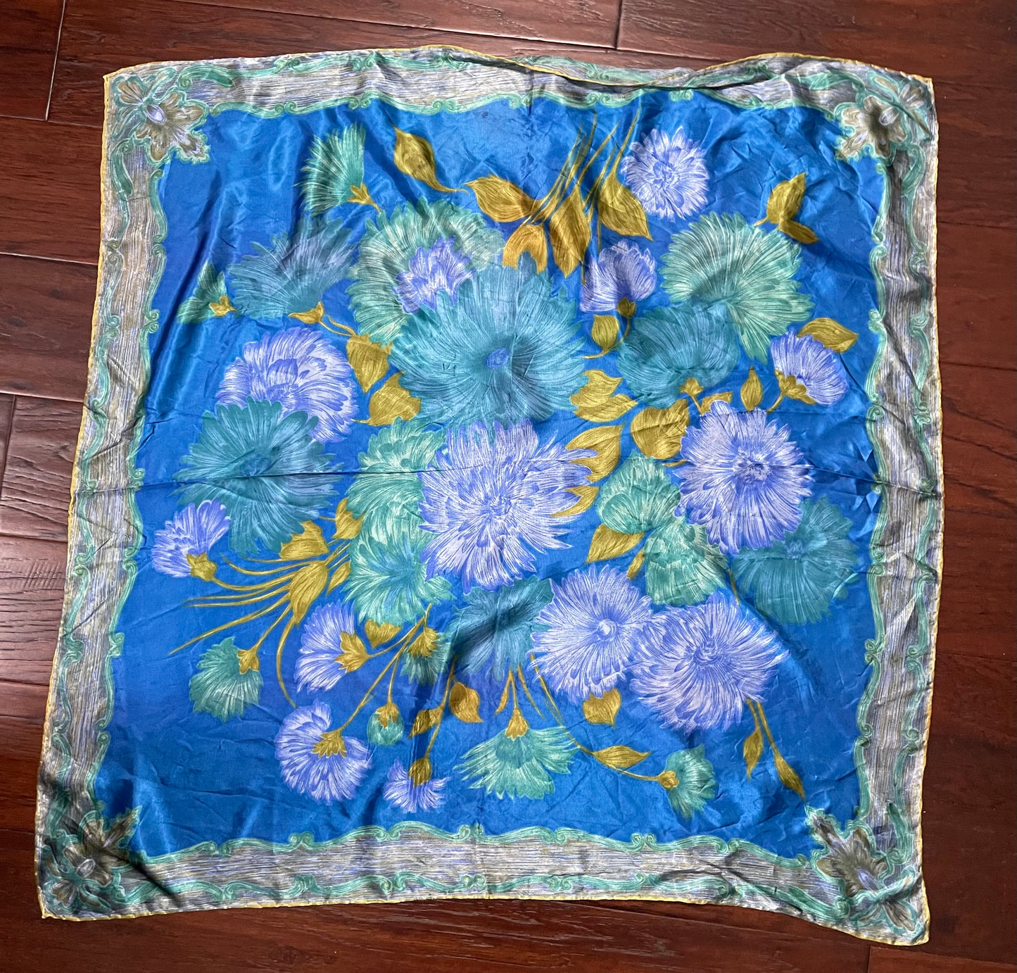 Vintage Silk Scarf, Square, Blue and Green, Floral