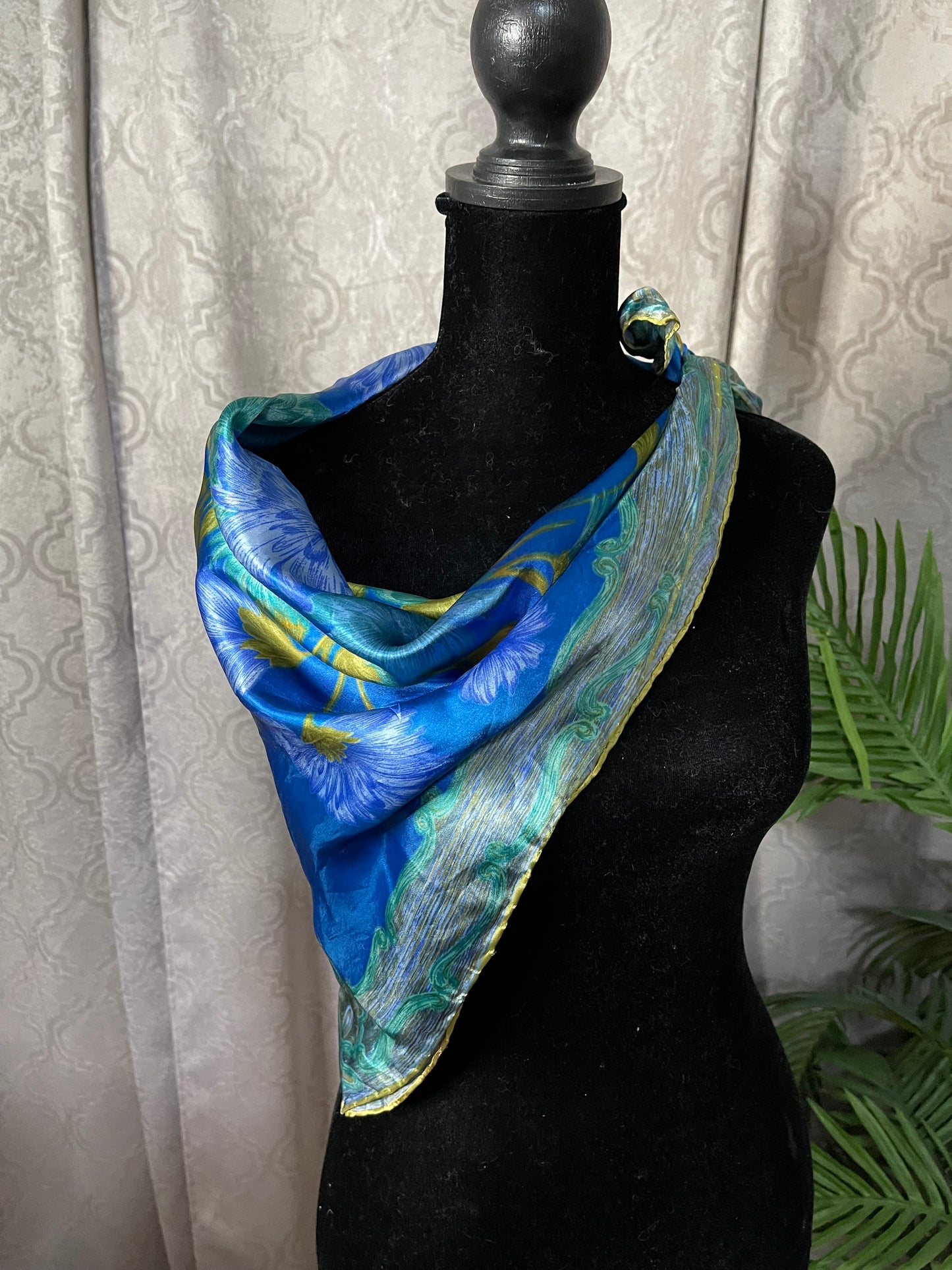 Vintage Silk Scarf, Square, Blue and Green, Floral