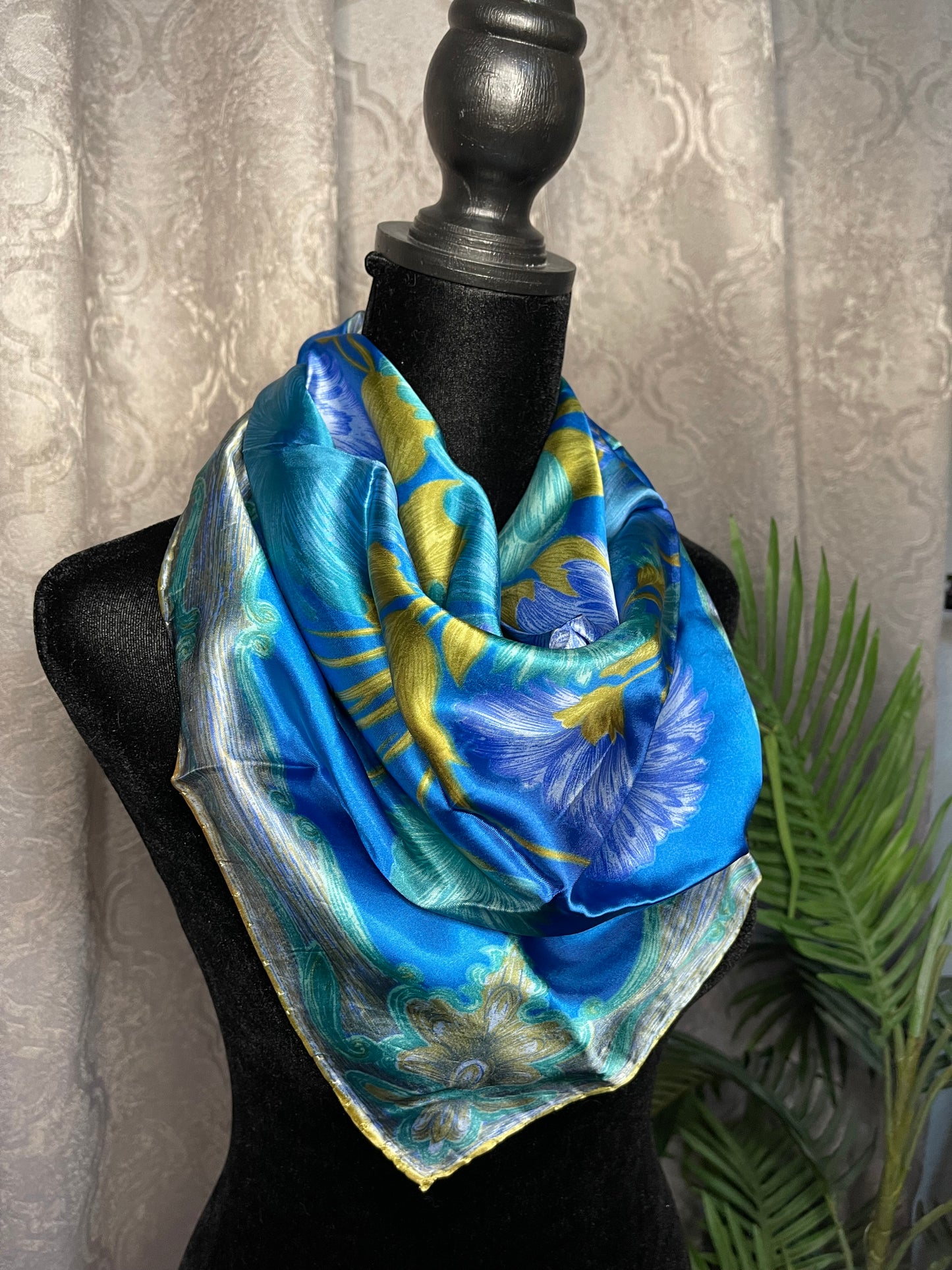 Vintage Silk Scarf, Square, Blue and Green, Floral