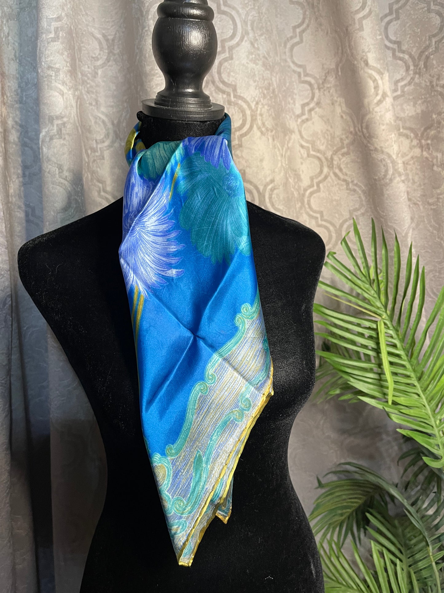 Vintage Silk Scarf, Square, Blue and Green, Floral