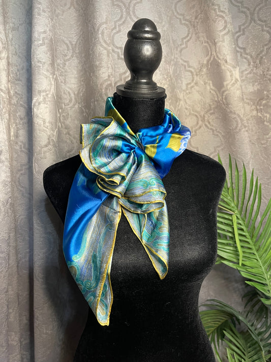 Vintage Silk Scarf, Square, Blue and Green, Floral