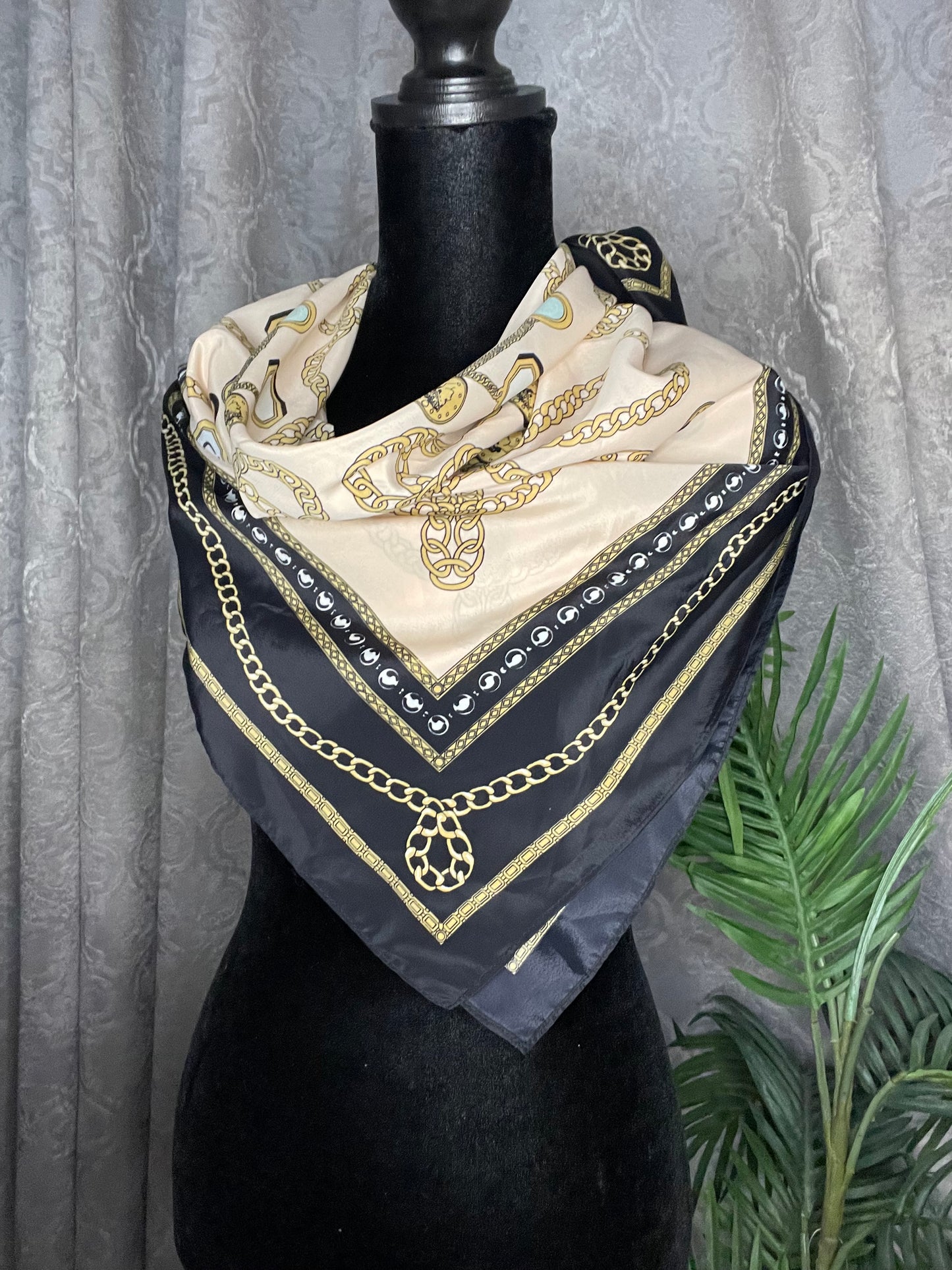 Vintage Silk Scarf Square, pink and gold chains