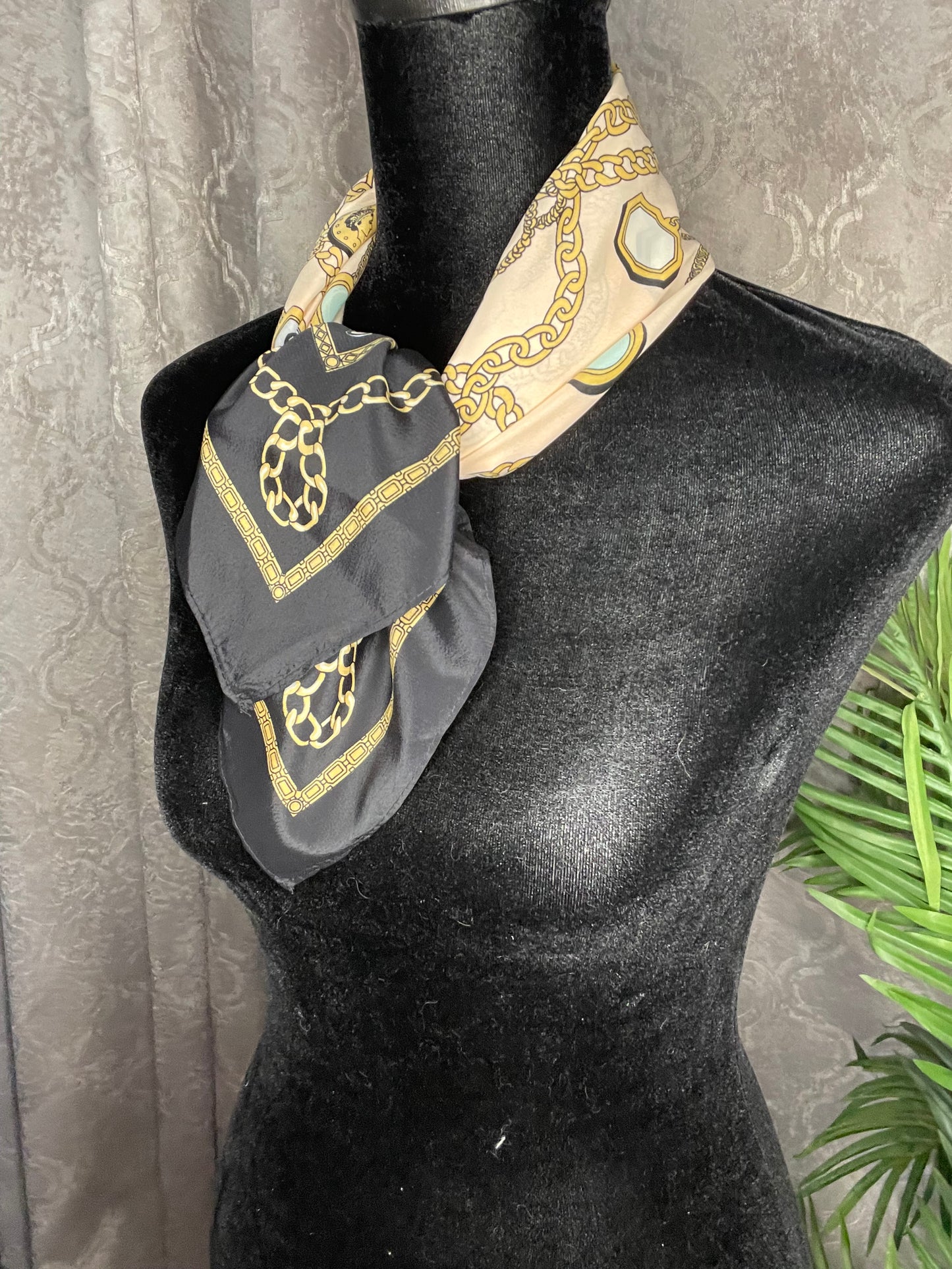 Vintage Silk Scarf Square, pink and gold chains